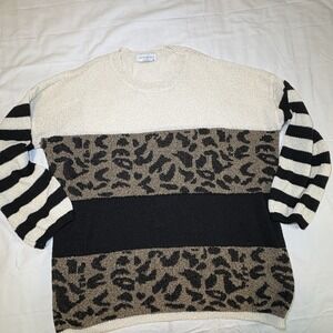 Living My Best Style x PINK LILY‎ XL Striped Leopard Oversize Sweater Colorblock